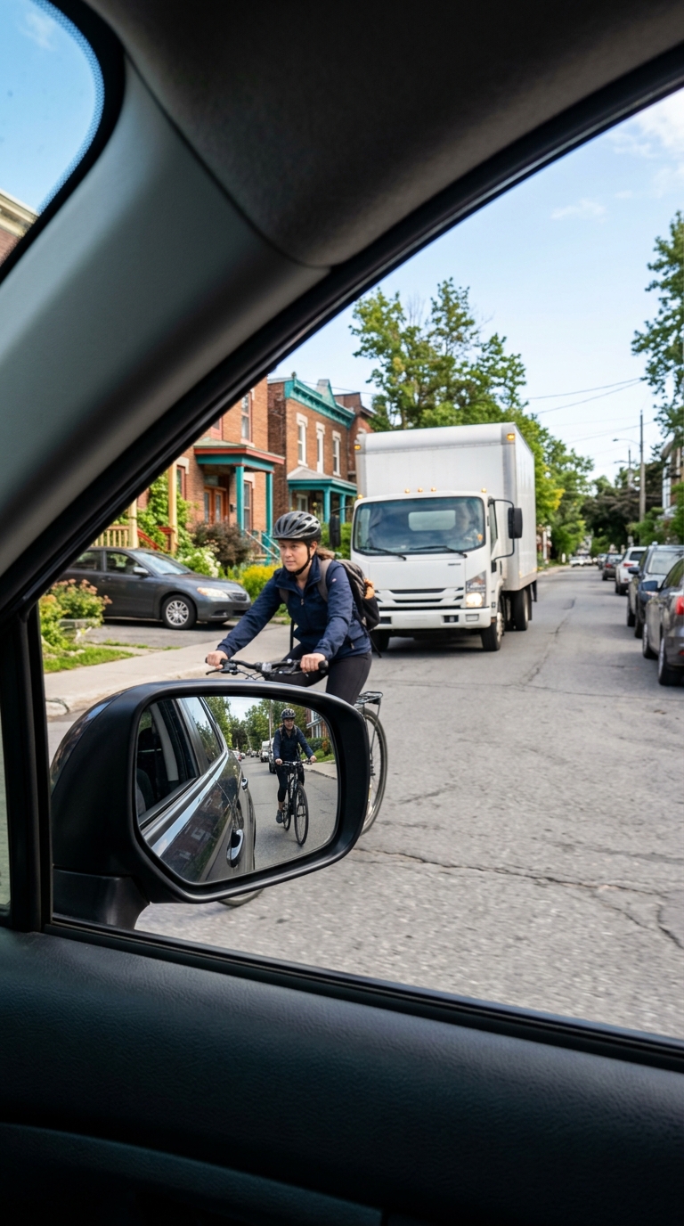 Un cycliste et un camion dans une rue