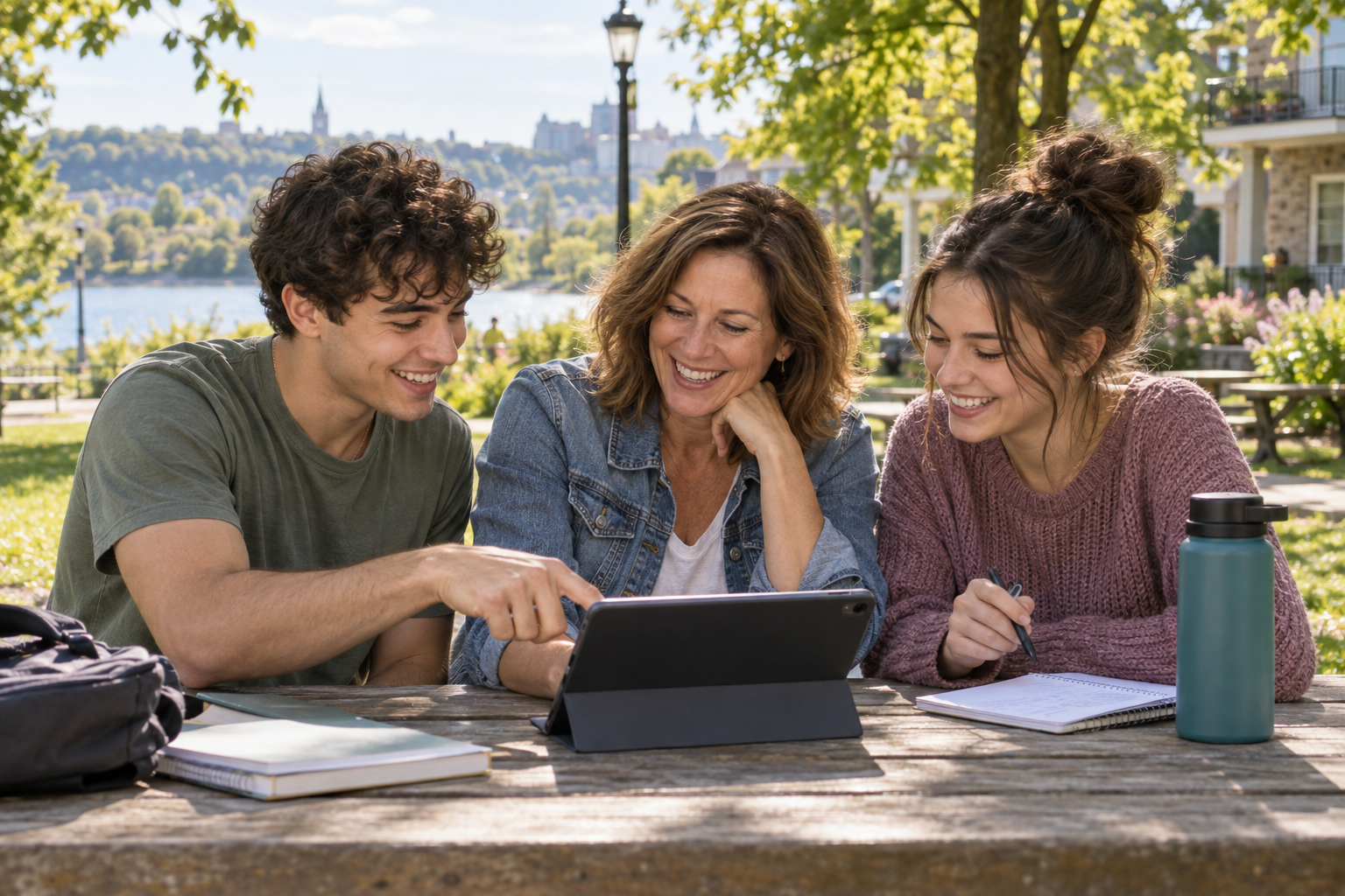 Illustration de trois proches partageant un quiz sur une tablette